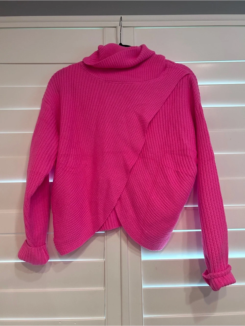 Turtleneck Cross Back Ribbed Cropped Sweater Hot Pink Size Small